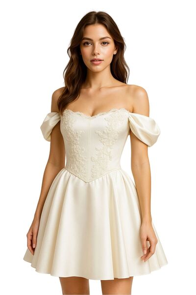 Uretti - Talia 8659 2584 El Yapımı Büstiyer ve Etek 2'li Takım Işıltılı Saten Gelinlik - 38 / 40