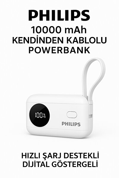 Philips Dahili Kablolu Powerbank, 10000 mAh, Dahili Type-C ve Lightning Kablo, Dijital Ekran, Akım Korumalı