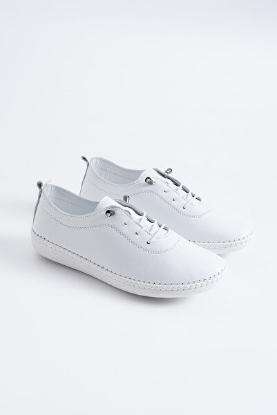 Moda Pie Negade Taban Dikmeli Hakiki Deri Kadın Ayakkabı Beyaz Cilt