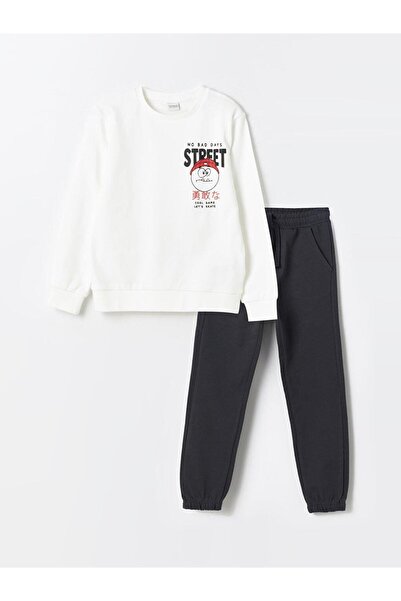 LC Waikiki Ecru Crew Neck Printed Boys' Tracksuit Set