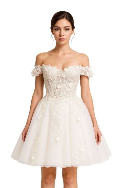 Uretti - Talia 8659 7076 El Yapımı Dantel Detaylı Kısa Transparan Gelinlik - 38 / 40