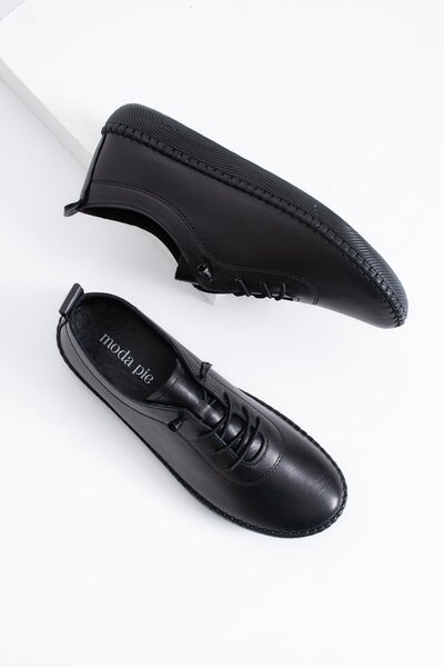 Moda Pie Negade Taban Dikmeli Hakiki Deri Kadın Ayakkabı Siyah Cilt
