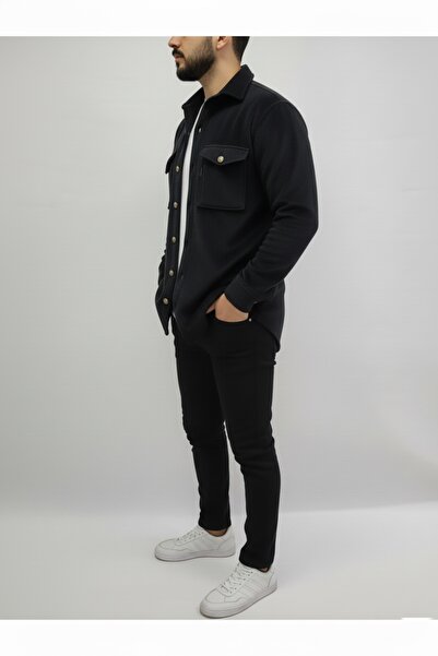 a02teks Men's Slim Fit Button-Down Collar Double Pocket Solid Black Fleece Men's Shirt