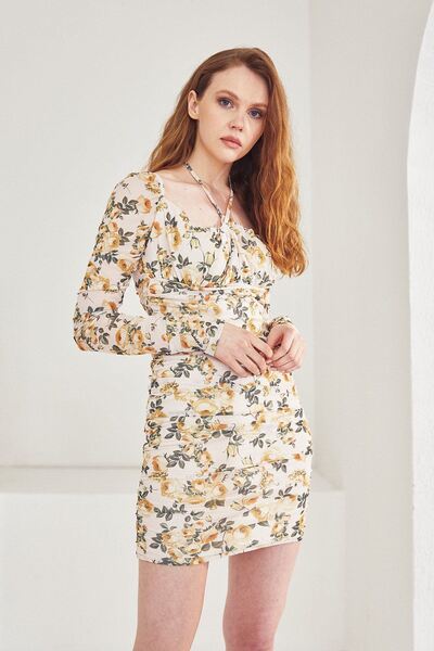 Foremia Ecru Color Floral Patterned Dress