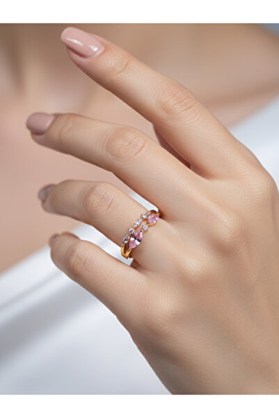 DlaraJewelry خاتم مجوهرات نسائي قابل للتعديل مرصع بالحجر الوردي ذهبي اللون | ...
