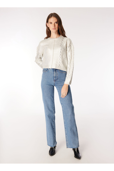 Fabrika Bisiklet Yaka Rahat Varaklı Ekru Kazak Kadın F4WL-KZK0163