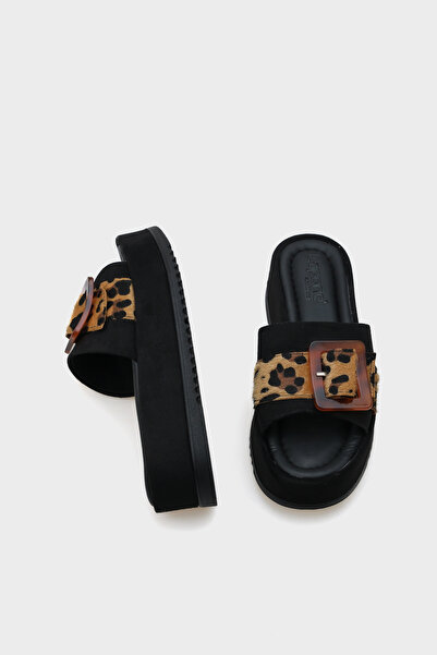 Capone Outfitters Marin Wedge Heel Leopard Buckled Suede Damskie klapki