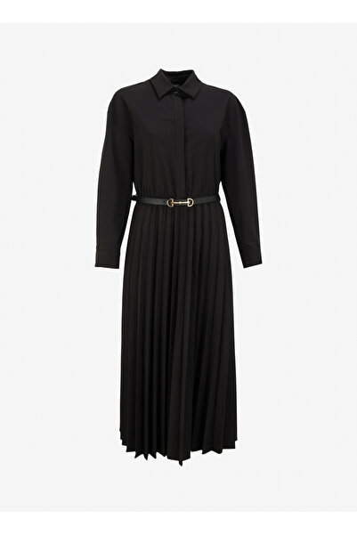 Fabrika Gömlek yaka Yaka Düz Siyah Midi Kadın Elbise F4WL-ELB0712