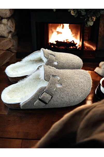 Mycorni Anatomik Unisex Doğal Mantar Taban Gerçek Kürklü Keçe Terlik