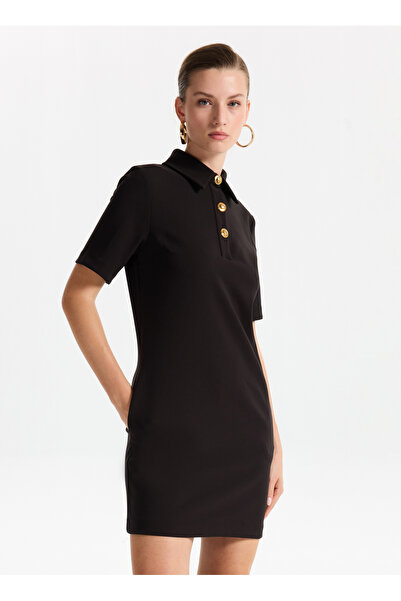Fabrika Gömlek Yaka Düz Siyah Mini Kadın Elbise F5WL-ELB0203