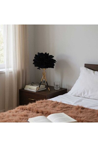 PELLE DESİGN Kuş Tüylü Abajur, Gerçek Kuş Tüylü Tripot Abajur