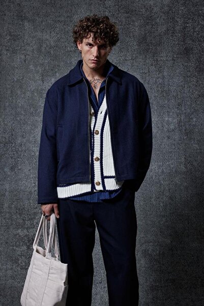 ablukaonline Men's Oversize Slim Zippered Jacket Navy Blue