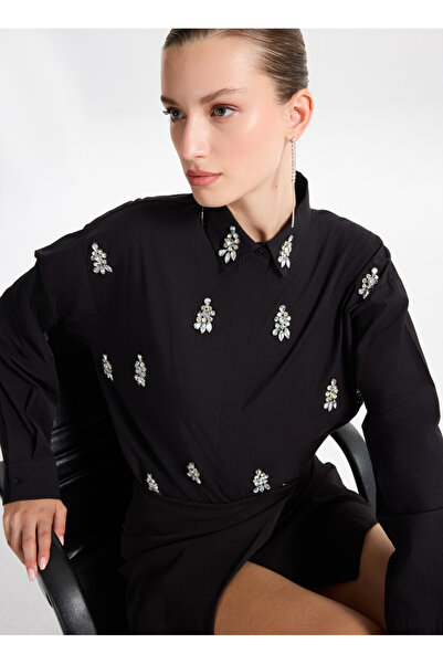 Fabrika Oversize Gömlek Yaka Taşlı Siyah Kadın Gömlek F5WL-GML0101