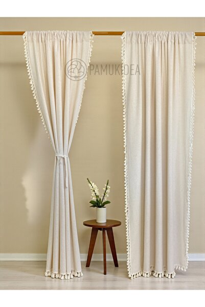 pamukidea Rustic Pocketed Cream Pompom - Tasseled 100% Cotton Buldan Linen Curtain - Single Wing - (En X Size)