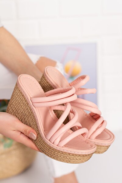 derithy Wedge Heel Stitched Stripe Comfort Sole Soft Pipe Piping Slippers Sandals Summer Shoes