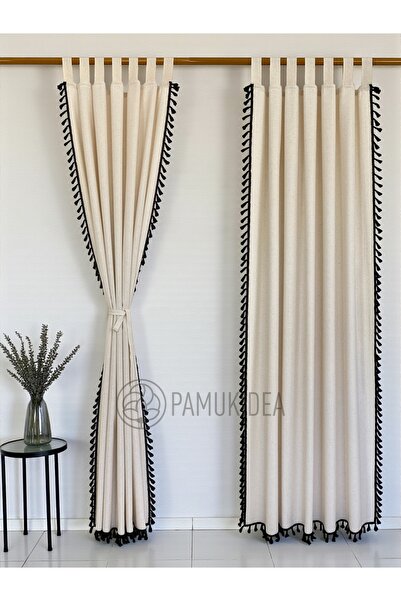pamukidea Biritli Black Pompom - Tasseled 100% Cotton Buldan Linen Rustic Curtain - Single Wing - (En X Size)