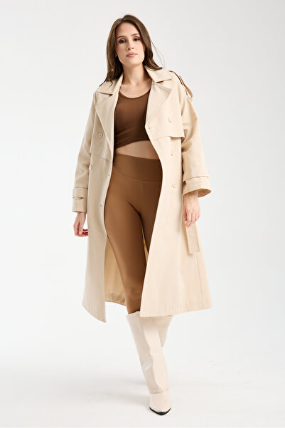 Bolivente Bej Oversize Kruvaze Kapama Rüzgarlık Detaylı Trençkot 44956