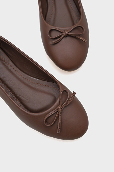 Capone Outfitters Genuine Leather Bow Round Toe Skin Brown Women's Ballerinas