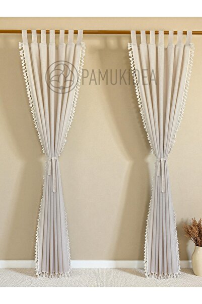 pamukidea Biritli Cream Pompom - Tasseled 100% Cotton Buldan Linen Rustic Curtain - Single Wing - (En X Size)