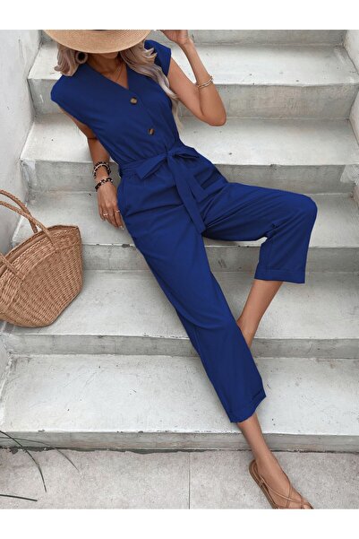 Barbora بذلة نسائية من الكتان برقبة على شكل حرف V وصدر واحد باللون الأزرق الد...