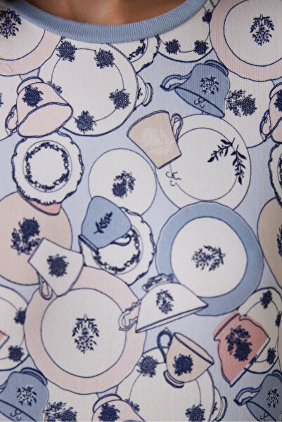 Penti Açık Mavi Tea Party İçecek Desenli Bisiklet Yaka Pijama Takımı