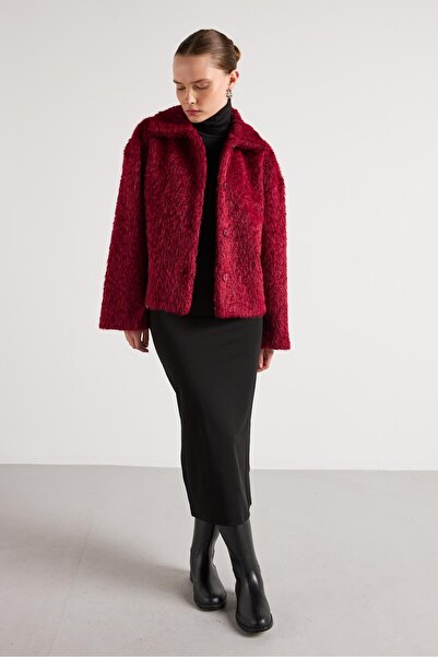 minaaise Kadın Bordo Peluş Kumaş Astarsız Kısa Kaban 30047