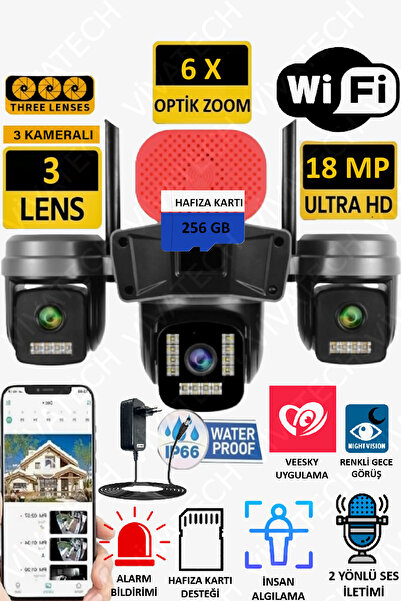 VİVATECH Pro308 18MP 256GB WiFi 3 Lens Yapay Zeka İnsan Algılama Su Geçirmez ...