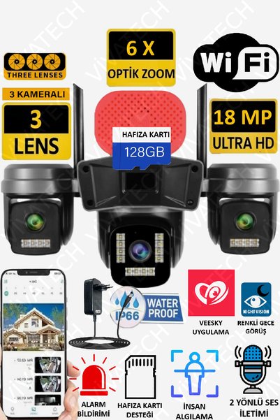 VİVATECH Pro308 18MP 128GB WiFi 3 Lens Yapay Zeka İnsan Algılama Su Geçirmez ...