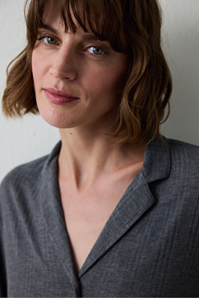 Penti Gray Melange Ribbed Shirt Collar Long Sleeve Pajama Set