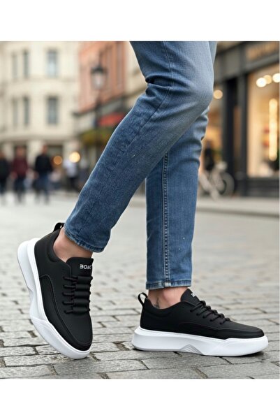 BOA BA0332 Ladder Pattern Lace Up Men's High Sole Black Skin White Sole Sports Shoes