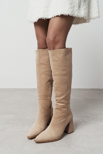 NİŞANTAŞI SHOES Jules Nude Süet Fermuar Detay Kadın Topuklu Çizme