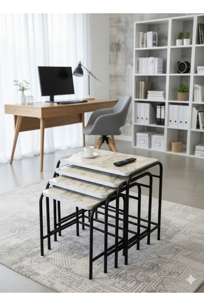 GÜVENÇ 4'lü Zigon Sehpa Metal Siyah Ayaklı Beyaz Mermer Desen