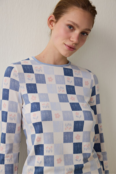 Penti Açık Mavi Ekoseli Uzun Kollu Pijama Takımı