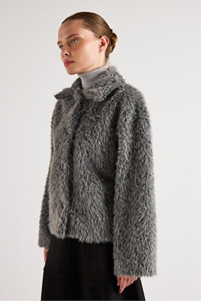 minaaise Women's Gray Plush Fabric Unlined Short Coat 30047