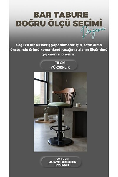 DENGEMA T168/75 Dönerli Bar Sandalyesi – Yeşil Deri Oturum, İnegöl Ceviz Sırt 75 cm Yükseklik