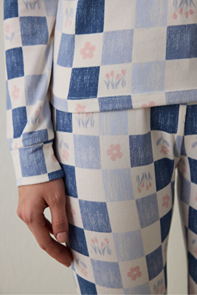 Penti Açık Mavi Ekoseli Uzun Kollu Pijama Takımı