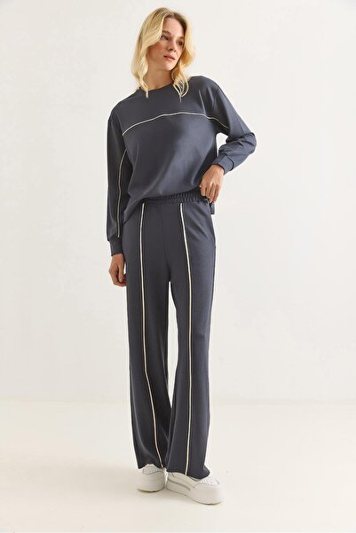 Raneel Kazançlı Alışveriş Women's Modal Fabric Ribbed Tracksuit Set Smoked