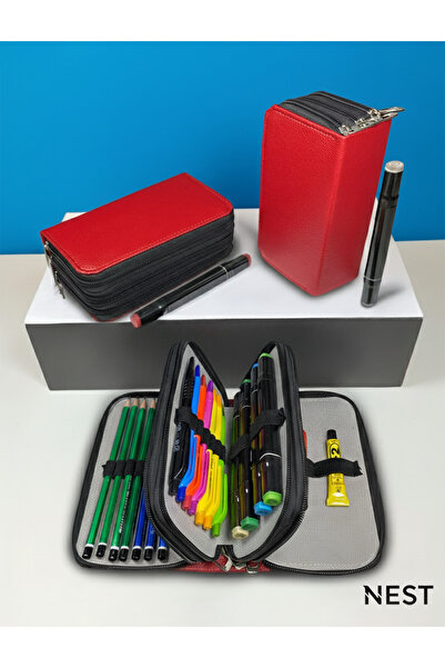 Nest Life Sunii Leather Red 3 Zipper Pen Holder, Wallet, Women's Wallet