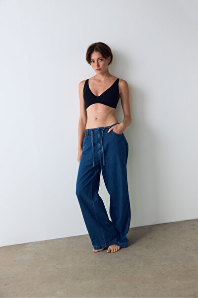 Penti Koyu Denim Relax Yüksek Bel Bağlama Detaylı Pantolon