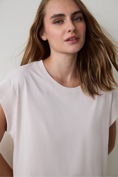 Penti Top de pijama cu mânecă scurtă din bumbac, cu gât crew, Weekend Time, bej