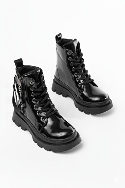 p papuccum ortopedi çocuk ayakkabıları Kız Çocuk Siyah Rugan Çift Fermuarlı S...