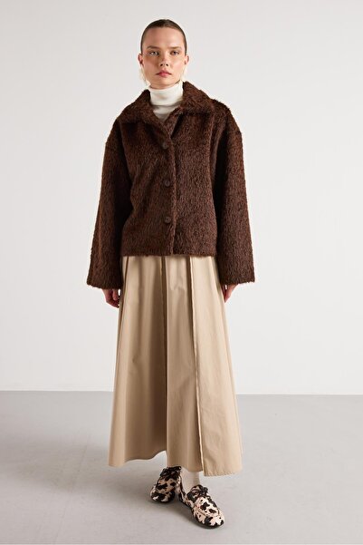 minaaise Women's Brown Plush Fabric Unlined Short Coat 30047