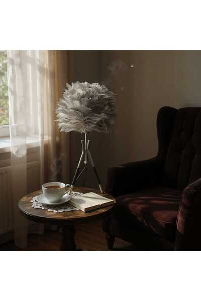 PELLE DESİGN Kuş Tüylü Abajur, Gerçek Kuş Tüylü Tripot Abajur