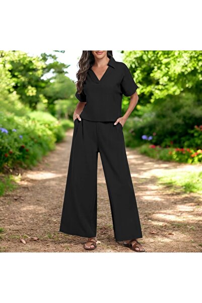 Barbora Yazlık Şık V Yaka Keten Takım