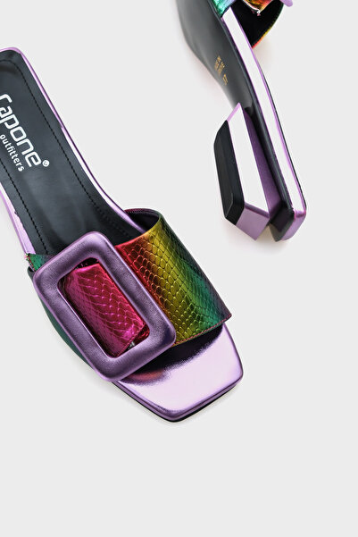 Capone Outfitters Malia Short Heeled Buckle Patent Leather Crocodile Women's Slippers