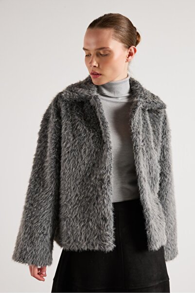 minaaise Women's Gray Plush Fabric Unlined Short Coat 30047