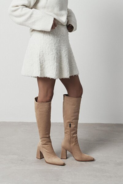 NİŞANTAŞI SHOES Jules Nude Süet Fermuar Detay Kadın Topuklu Çizme