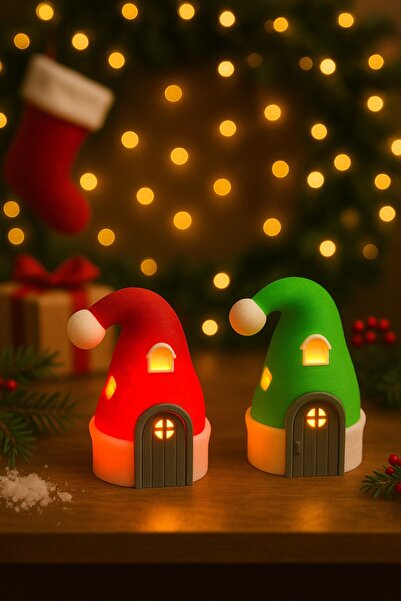 Mini Village House with Christmas Hat/Decorative Mini Christmas Home Decoration with Light/ Tealight Gift (2 Pieces)