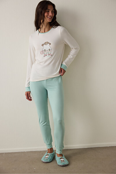 Penti Gardenya Sleep-In Pyjama-Set mit Slogan-Print, Rundhalsausschnitt und langen Ärmeln