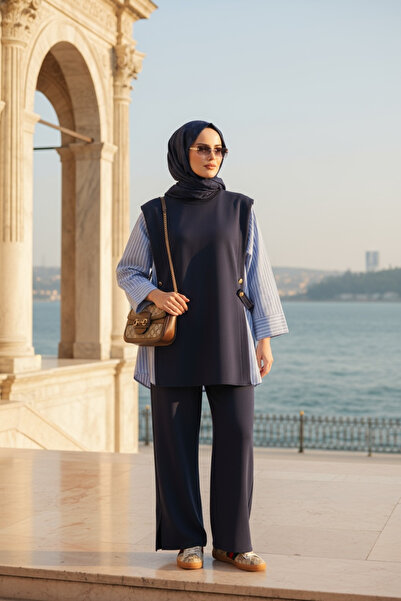 Aselim Hijap Moda Γυναικείο Μαντίλι Λιόρα Διπλό Σετ – Πουκάμισο από βαμβάκι με λεπτομέρεια από δύο κλωστές-Μπλε ναυτικό